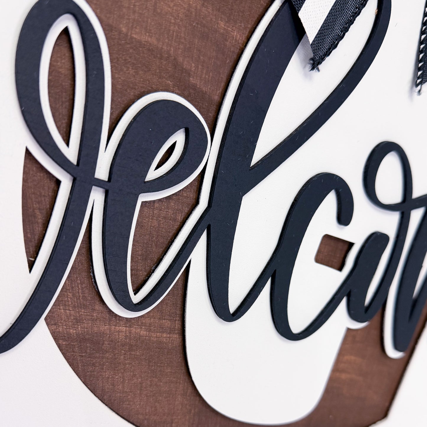 Decorative sign with 'Welcome' text on a wooden background