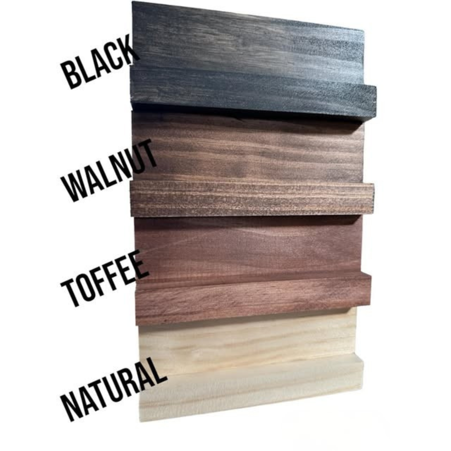 Wooden samples labeled 'Black', 'Walnut', 'Toffee', and 'Natural' arranged vertically.