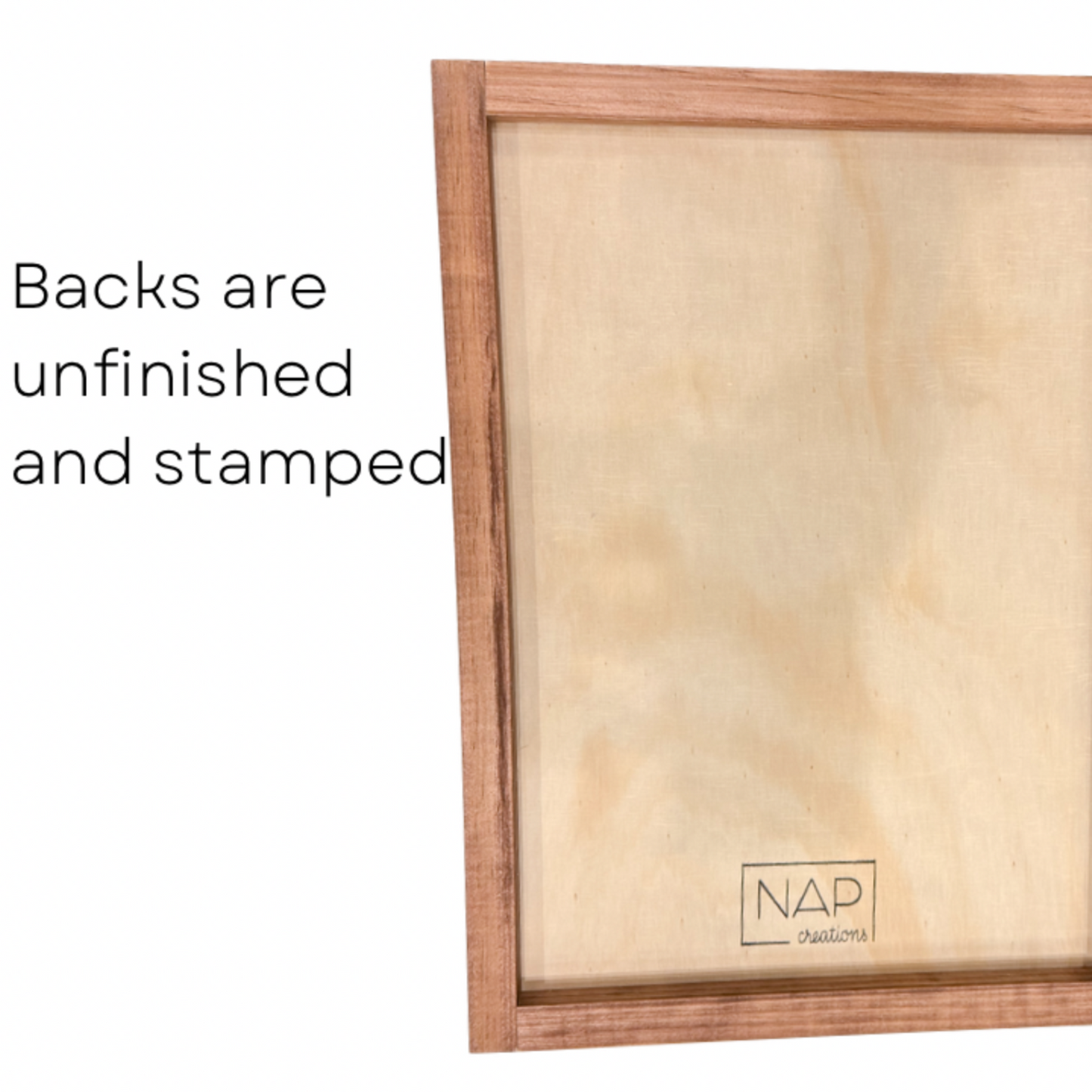 Wooden picture frame with 'NAP' branding on a white background
