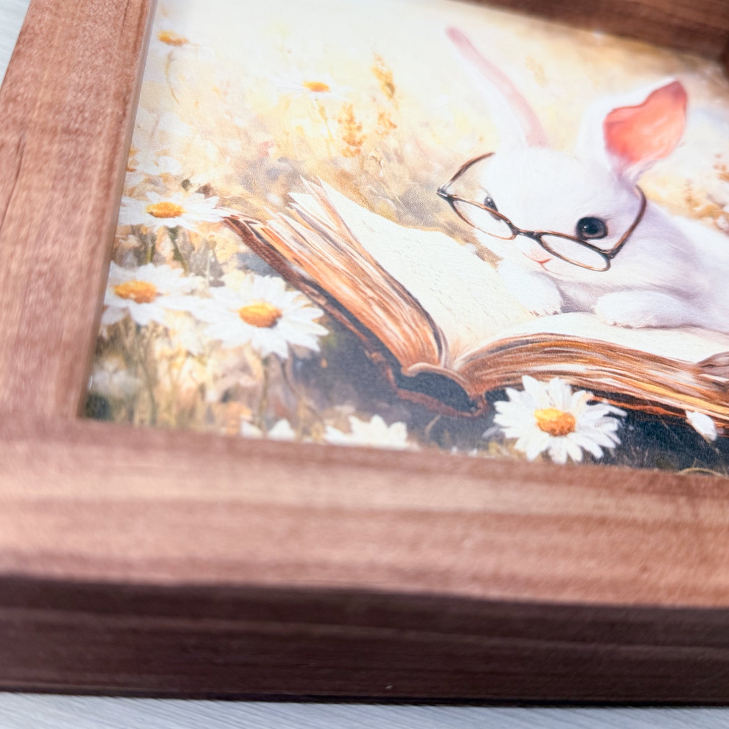 Wooden sign with a rabbit reading a book design