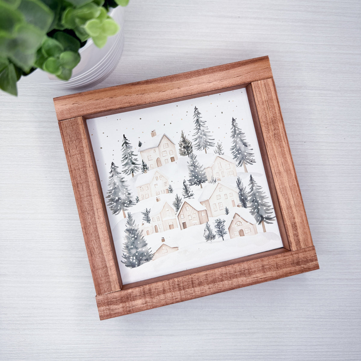 Snowy Winter Village Wood Sign