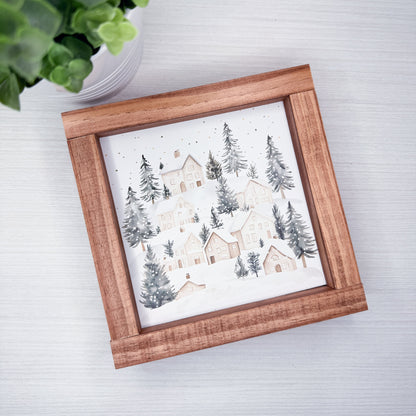 Snowy Winter Village Wood Sign