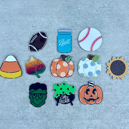 Collection of colorful pieces on a gray background