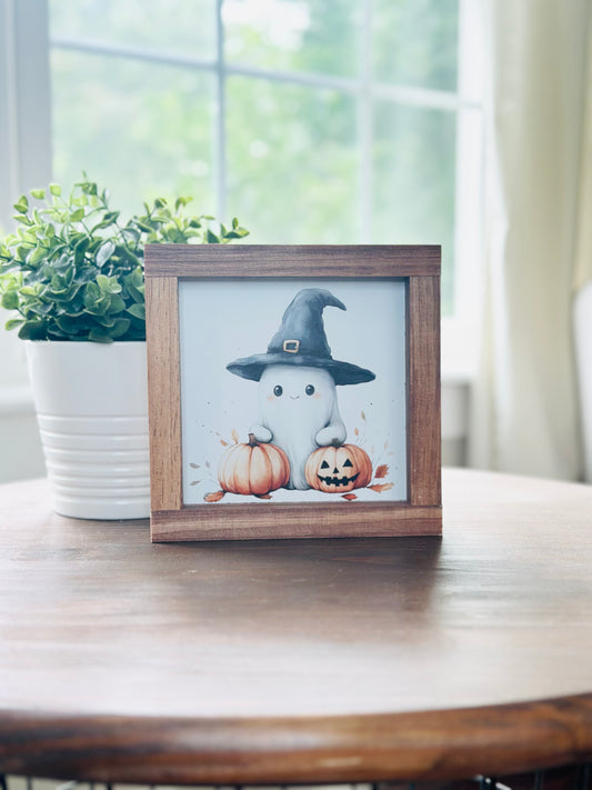 Cute Ghost with Jack O’ Lantern and Pumpkin Sign