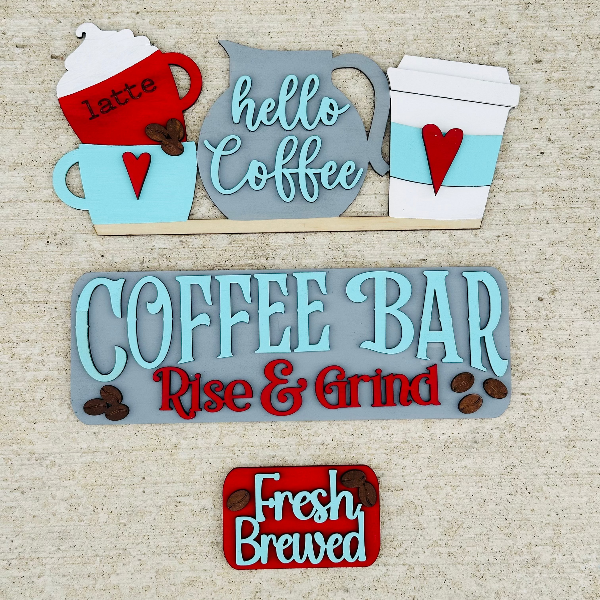 A decorative wooden coffee bar interchangeable insert featuring a vintage truck design with coffee cups and text decorations.
