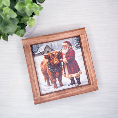 Santa and Highland Cow Wood Sign