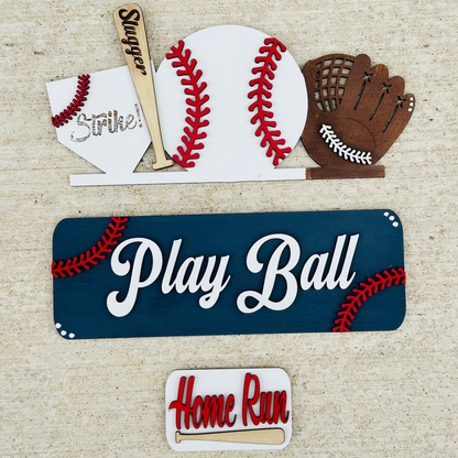 Wooden layered painted pieces for a truck interchangeable base piece featuring baseball theme