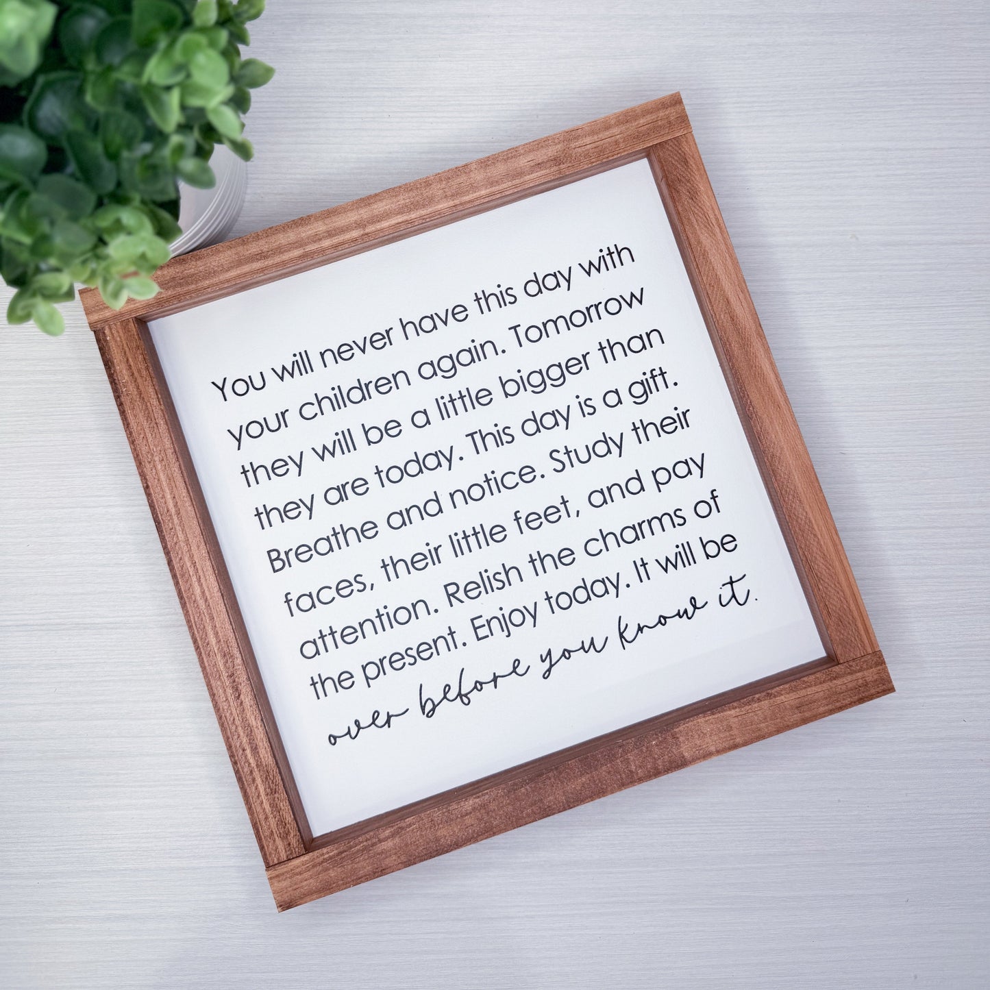 Framed quote on a white background with a plant to the left