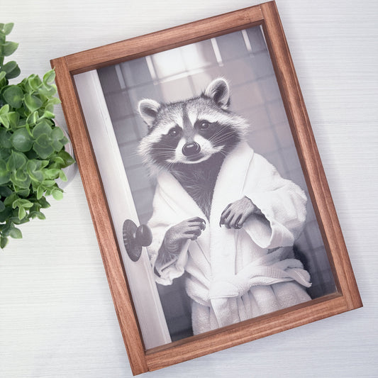 Raccoon In Bathrobe Bathroom Wood Sign