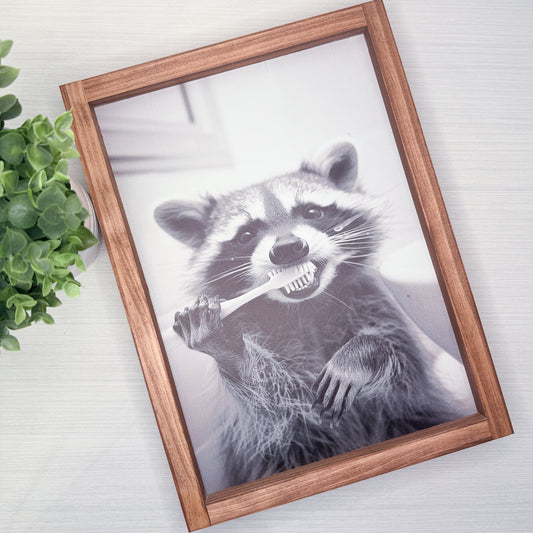 Raccoon Brushing Teeth Bathroom Wood Sign