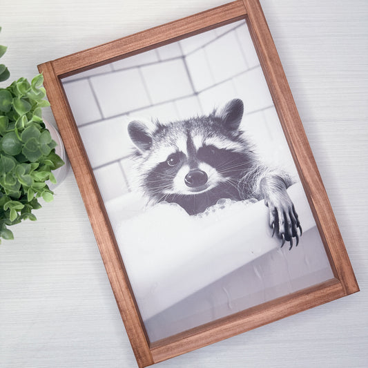 Raccoon In Bathtub Bathroom Wood Sign