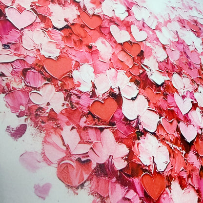 Artistic depiction of heart shapes in pink and red on a textured background