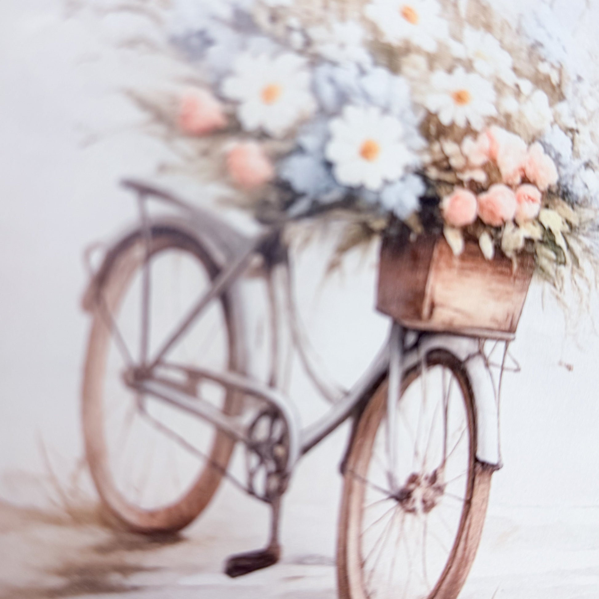 Vintage bicycle with a basket of flowers on a light background