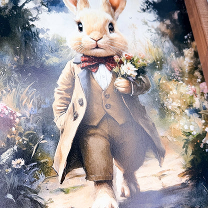 Illustration of a rabbit in a suit holding flowers in a garden setting