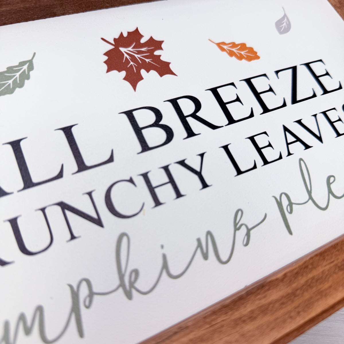 A close-up of a decorative sign with autumn-themed text and leaf graphics. The sign reads 'FALL BREEZE CRUNCHY LEAVES' and 'pumpkins please.