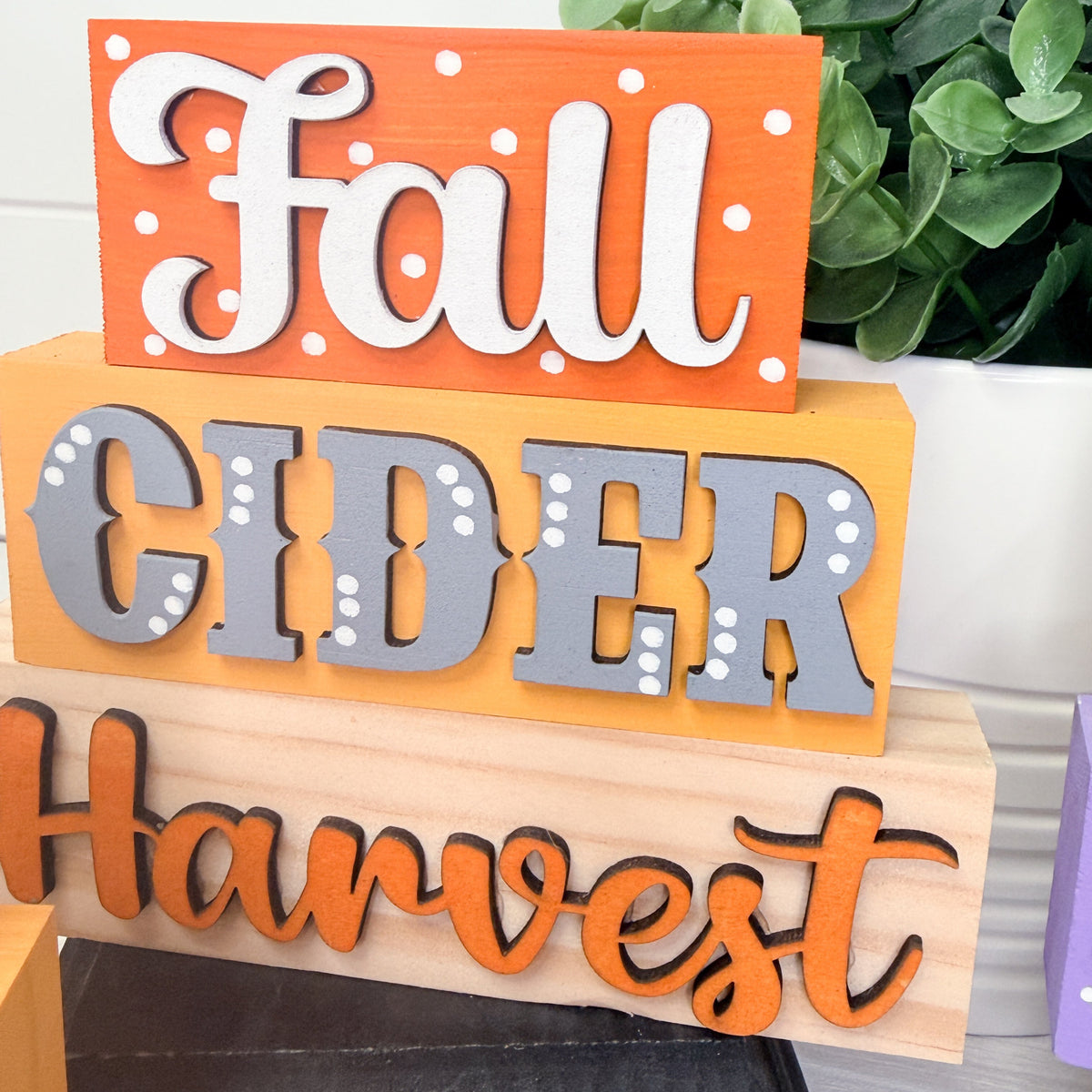 Three stacked wooden decorative signs reading 'Fall', 'CIDER', and 'Harvest' in orange, gray, and natural wood tones, styled with a green plant in the background.