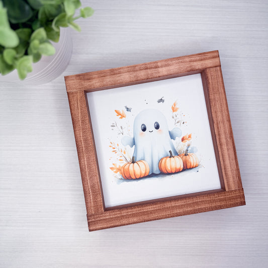 Cute Ghost & Pumpkins Wood Sign