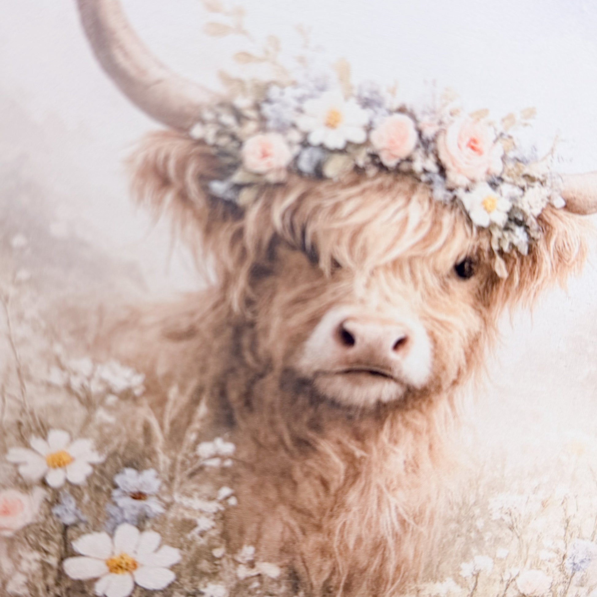 Calf with a floral crown surrounded by flowers on a soft background