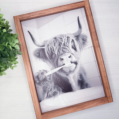 Framed artwork of a highland cow with a toothbrush on a light background