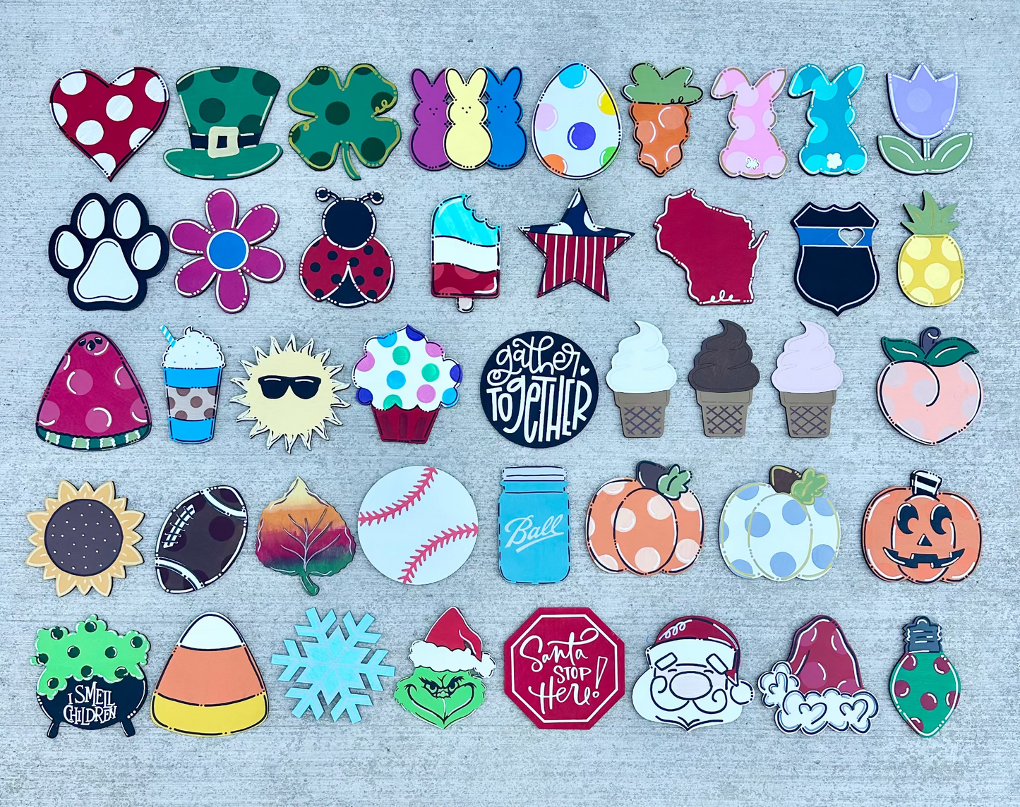 Collection of various colorful pieces on a textured surface