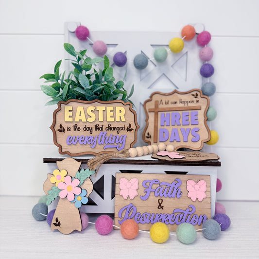 Decorative Easter sign with colorful text and elements on a white background