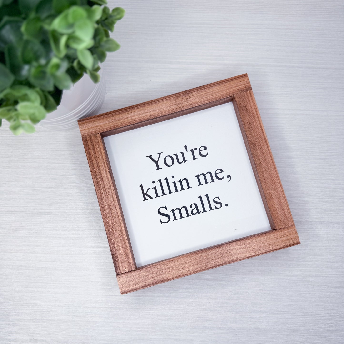 Wooden frame with a white sign inside displaying text, placed on a light surface with a plant in the corner.