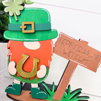Leprechaun decoration with a 'Leprechauns Welcome' sign on a white background