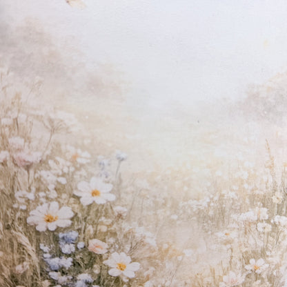 Artistic depiction of flowers and grasses on a textured beige background