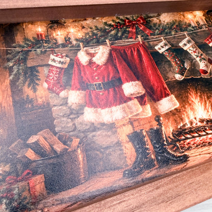 Santa Suit by the Fireplace Wood Sign