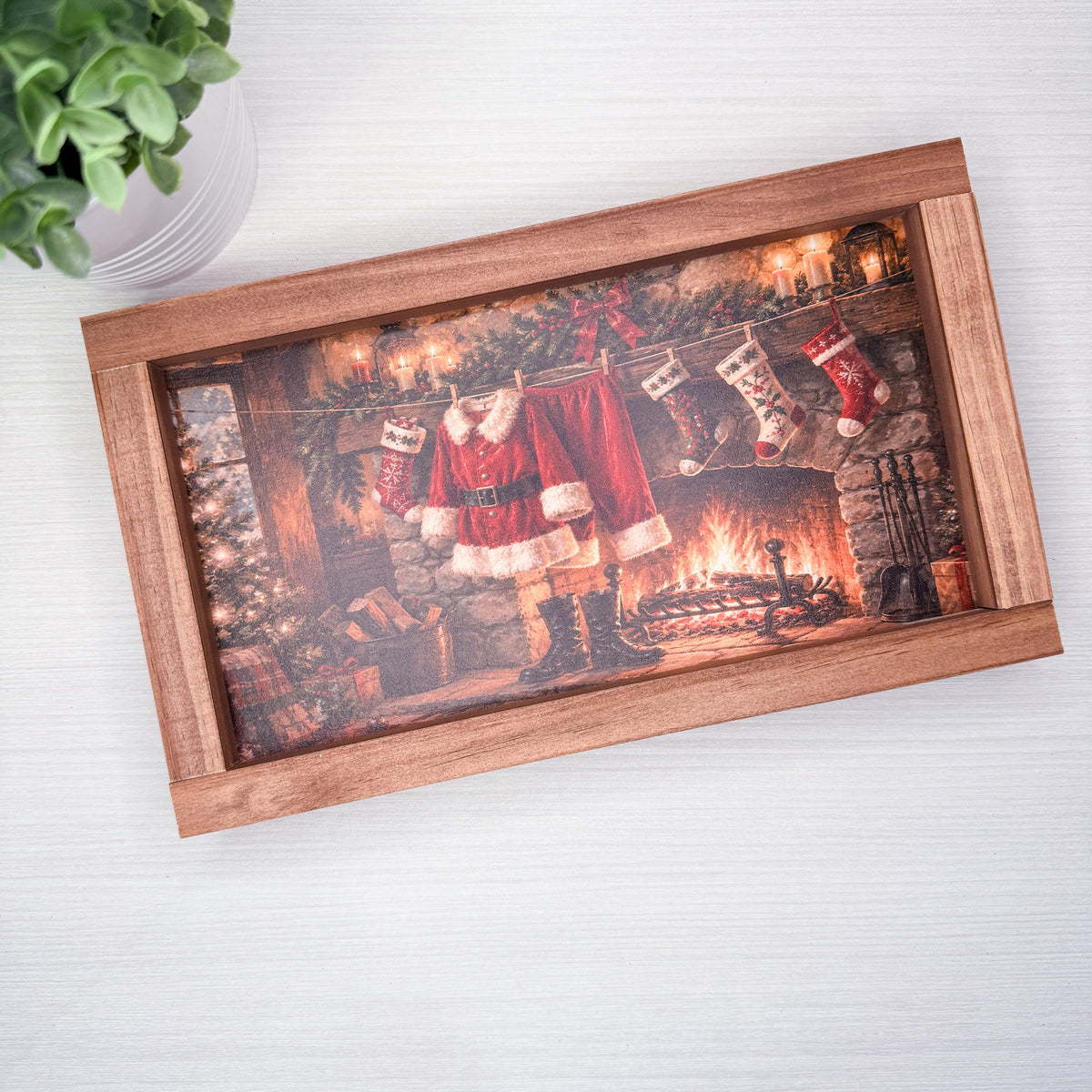 Santa Suit by the Fireplace Wood Sign
