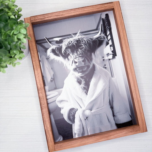 Framed black and white photo of a cow in a robe on a light background