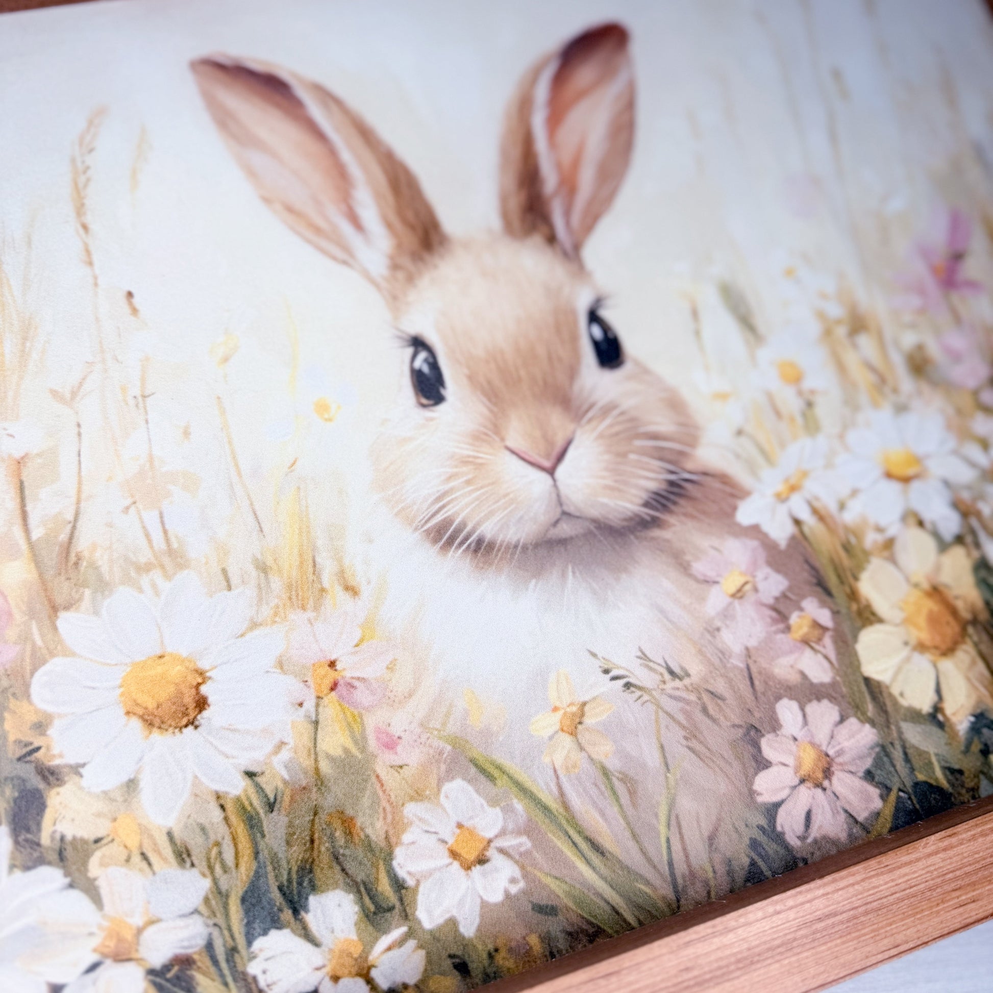 Field with a rabbit and floral design on a white background