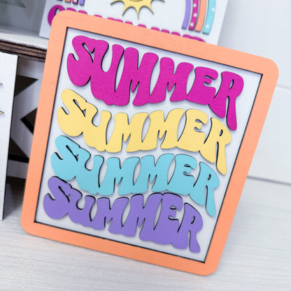 Colorful 'Summer' sign with an orange border on a light background