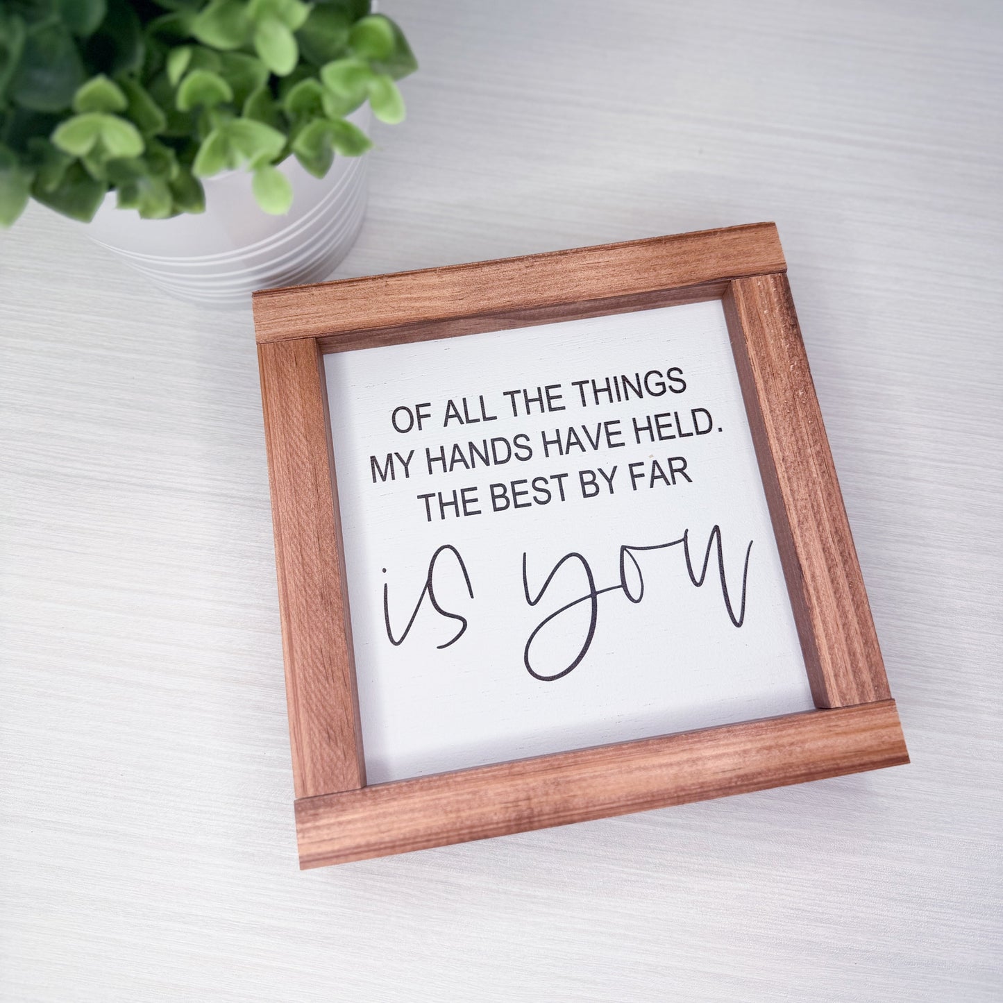 Framed quote 'Of all the things my hands have held, the best by far is you' on a white background with a plant.