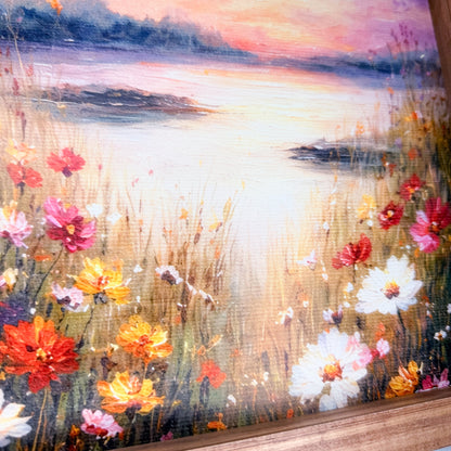 Painting of flowers by a lake with a colorful sky
