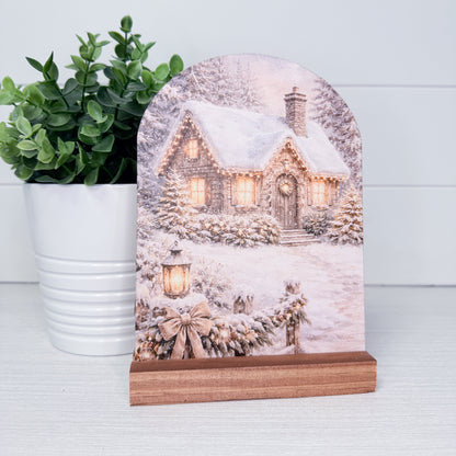 Snowy Winter Cottage Wood Arch