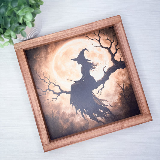 Witch on Broom Halloween Wood Sign