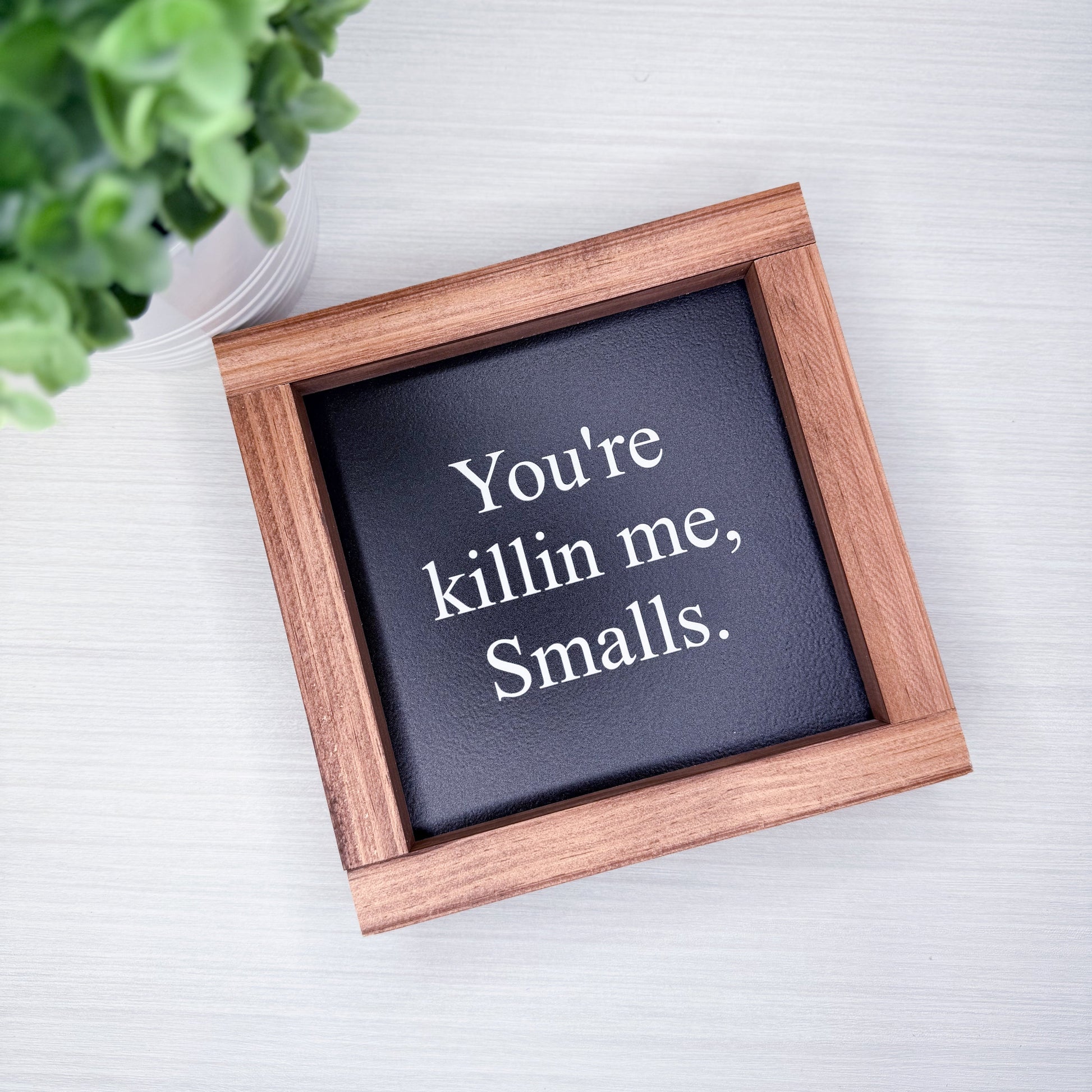 Small wooden-framed sign with text 'You're killin' me, Smalls.' on a light background.